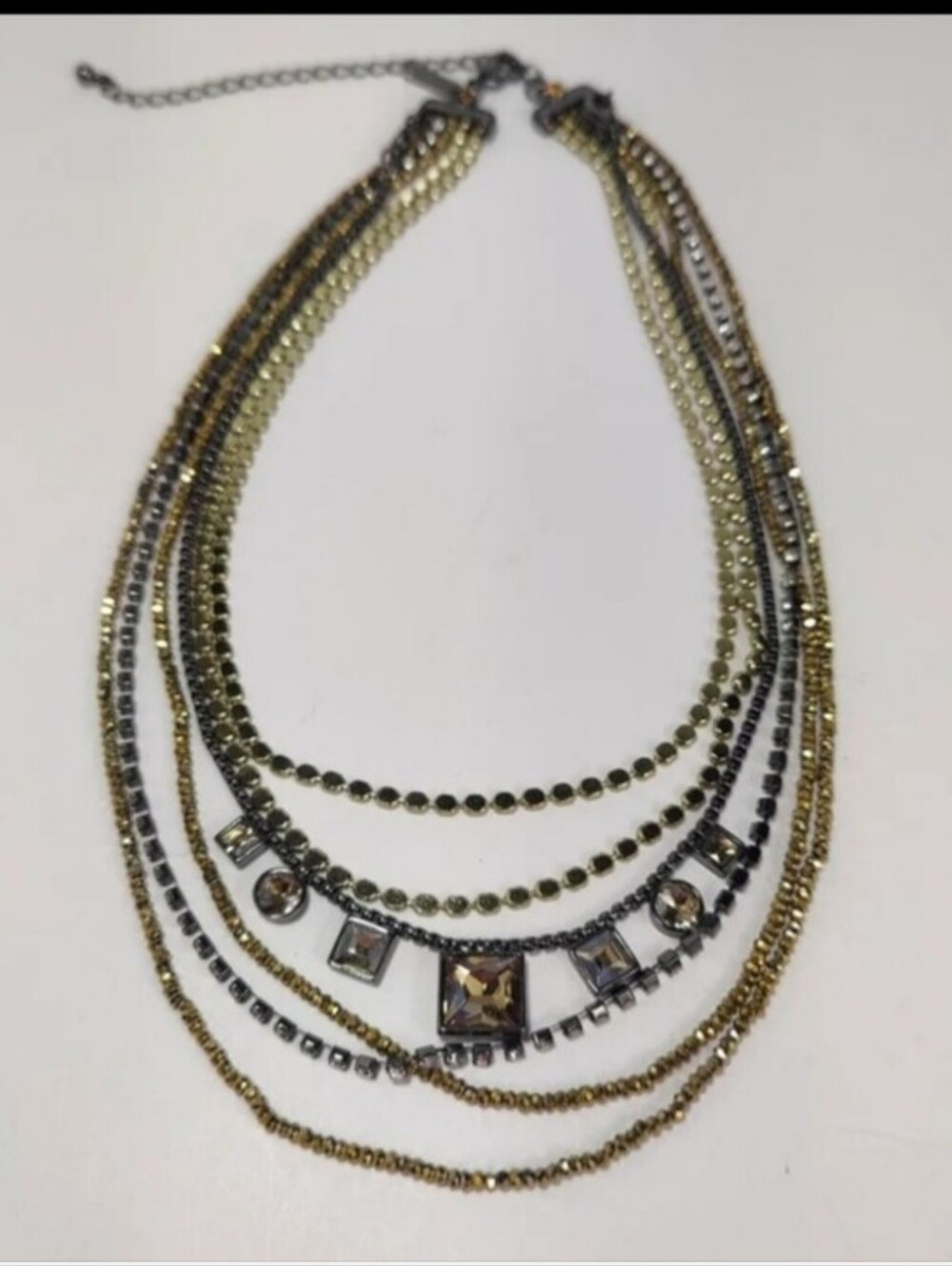 WHBM Mixed Metal Layered Statement Necklace Gunmetal Crystal Multi Strand
